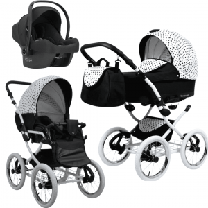 Carrinho de bebê 3 em 1 modelo retrô vintage. Alcofa, carrinho e cadeira auto. Rodas grandes