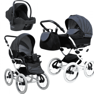 Carrinho de bebê 3 em 1 modelo retrô vintage. Alcofa, carrinho e cadeira auto. Rodas grandes