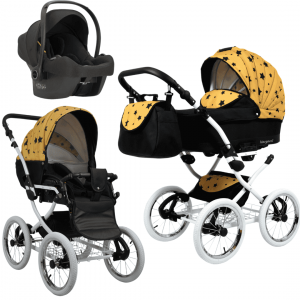 Carrinho de bebê 3 em 1 modelo retrô vintage. Alcofa, carrinho e cadeira auto. Rodas grandes