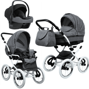 Carrinho de bebê 3 em 1 modelo retrô vintage. Alcofa, carrinho e cadeira auto. Rodas grandes