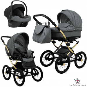 Carrinho de bebê 3 em 1 modelo retrô vintage. Alcofa, carrinho e cadeira auto. Rodas grandes