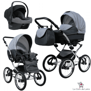 Carrinho de bebê 3 em 1 modelo retrô vintage. Alcofa, carrinho e cadeira auto. Rodas grandes