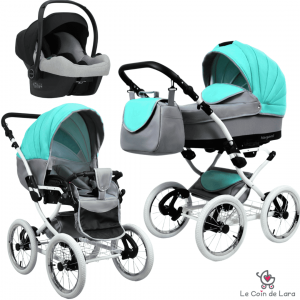 Carrinho de bebê 3 em 1 modelo retrô vintage. Alcofa, carrinho e cadeira auto. Rodas grandes