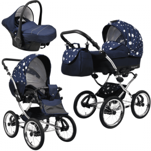 Carrinho de bebê 3 em 1 modelo retrô vintage. Alcofa, carrinho e cadeira auto. Rodas grandes