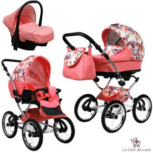 Carrinho de bebê 3 em 1 modelo retrô vintage. Alcofa, carrinho e cadeira auto. Rodas grandes