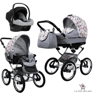 Carrinho de bebê 3 em 1 modelo retrô vintage. Alcofa, carrinho e cadeira auto. Rodas grandes