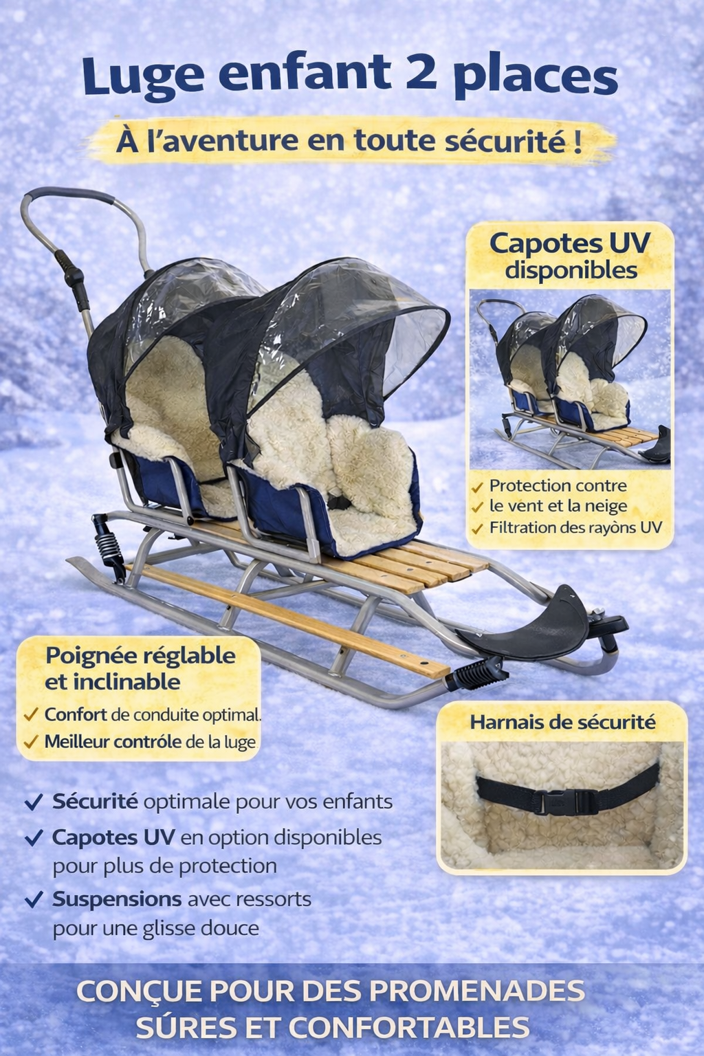 Luge enfant double 2 places avec capotes de protection transparentes, assises rembourrées et structure métallique sur fond neigeux. Visuel produit pour site e-commerce sans flèches directionnelles