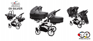 Poussette TRIPPY à trois sièges, structure robuste et harnais 5 points, adaptée pour triplés ou enfants d’âge proche, sièges inclinables et canopy individuel