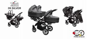 Poussette TRIPPY à trois sièges, structure robuste et harnais 5 points, adaptée pour triplés ou enfants d’âge proche, sièges inclinables et canopy individuel