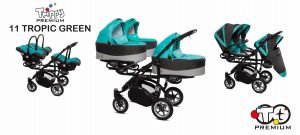 Poussette TRIPPY à trois sièges, structure robuste et harnais 5 points, adaptée pour triplés ou enfants d’âge proche, sièges inclinables et canopy individuel