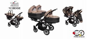Poussette TRIPPY à trois sièges, structure robuste et harnais 5 points, adaptée pour triplés ou enfants d’âge proche, sièges inclinables et canopy individuel