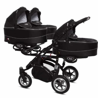 Poussette TRIPPY à trois sièges, structure robuste et harnais 5 points, adaptée pour triplés ou enfants d’âge proche, sièges inclinables et canopy individuel