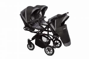 Poussette TRIPPY à trois sièges, structure robuste et harnais 5 points, adaptée pour triplés ou enfants d’âge proche, sièges inclinables et canopy individuel