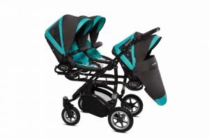 Poussette TRIPPY à trois sièges, structure robuste et harnais 5 points, adaptée pour triplés ou enfants d’âge proche, sièges inclinables et canopy individuel