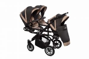 Poussette TRIPPY à trois sièges, structure robuste et harnais 5 points, adaptée pour triplés ou enfants d’âge proche, sièges inclinables et canopy individuel
