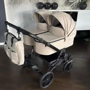 poussette jumeaux cote a cote pour 2 enfants en similicuir couleur cappuccinno, roues increvables, chassis double noir,