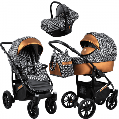 Ensemble trio poussette 3 en 1 comprenant une nacelle, une poussette (hamac) et un siège auto (cosy) de couleur noir et cuivre
