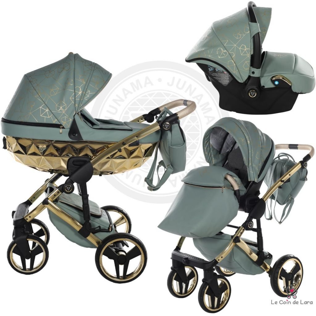 poussette exclusive junama heart couleur verte trio avec siege auto assise, nacelle et accessoires , exterieur en similicuir