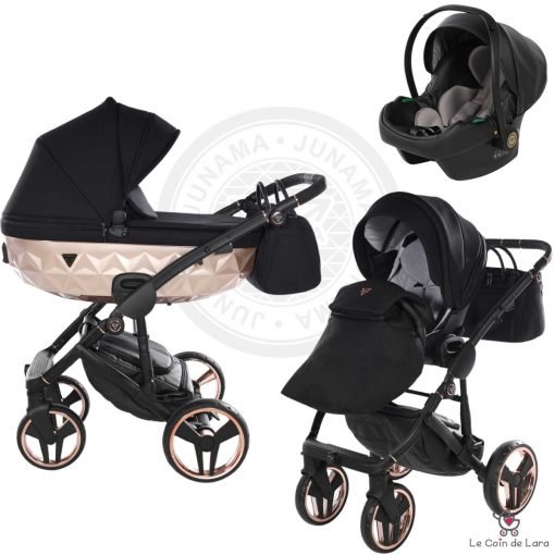 poussette trio 3 en 1 Junama Fluo Satin V3avec nacelle assise et cosy cosmo couleur noir