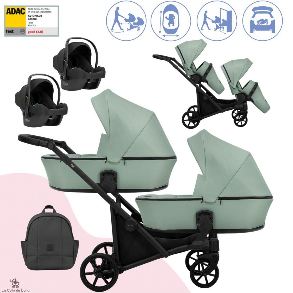 Poussette double jumeaux. Trio 3 en 1 avec 2 x nacelles, 2 x hamac, 2 x cosy. Pack complet