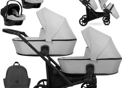 Poussette double jumeaux. Trio 3 en 1 avec 2 x nacelles, 2 x hamac, 2 x cosy. Pack complet