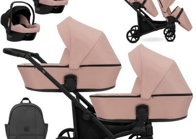 Poussette double jumeaux. Trio 3 en 1 avec 2 x nacelles, 2 x hamac, 2 x cosy. Pack complet