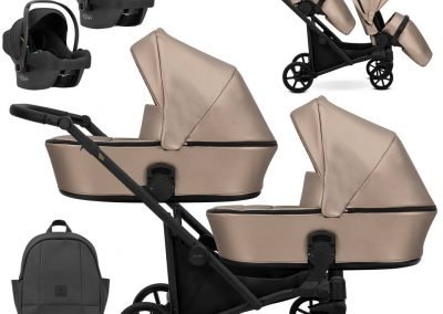 Poussette double jumeaux. Trio 3 en 1 avec 2 x nacelles, 2 x hamac, 2 x cosy. Pack complet