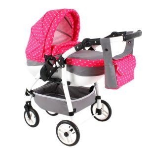 Poussette poupée rose hamac nacelle accessoires couverture, coussin roues pivotantes