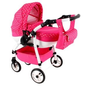 Poussette poupée rose hamac nacelle accessoires couverture, coussin roues pivotantes