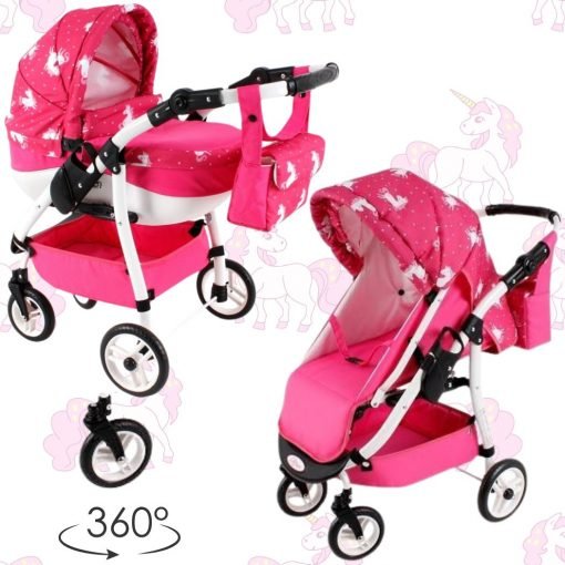 Poussette poupée rose hamac nacelle accessoires couverture, coussin roues pivotantes