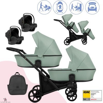 Poussette double jumeaux. Trio 3 en 1 avec 2 x nacelles, 2 x hamac, 2 x cosy. Pack complet