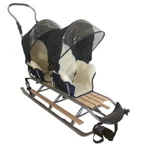 luge 2 places double en bois pour 2 enfants couleur noir avec sieges en laine
