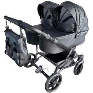 poussette jumeaux cote a cote pour 2 enfants en similicuir couleur cappuccinno, roues increvables, chassis double noir,