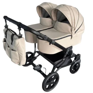 poussette jumeaux cote a cote pour 2 enfants en similicuir couleur cappuccinno, roues increvables, chassis double noir,