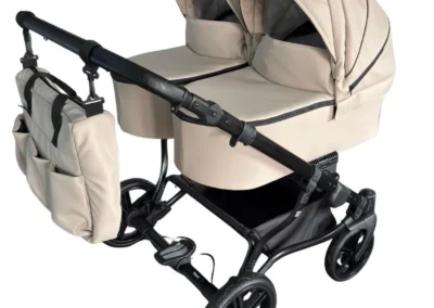 poussette jumeaux cote a cote pour 2 enfants en similicuir couleur cappuccinno, roues increvables, chassis double noir,