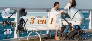 poussette tout terrain bleue, maman papa et bebe