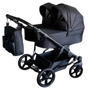 poussette jumeaux cote a cote pour 2 enfants, couleur noir, roues increvables, chassis double noir,