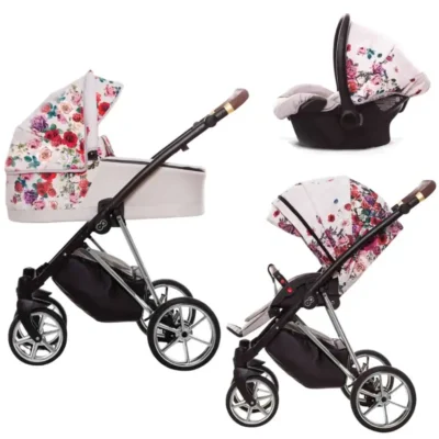Poussette Musse 3 en 1 complète avec nacelle, cosy et siège – confort et design floral premium