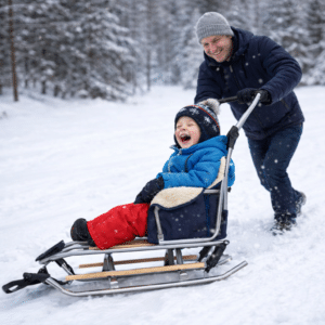Un père souriant pousse une luge droit devant lui, tandis que son jeune enfant, assis et bien couvert, rit de bonheur dans un décor hivernal enneigé.