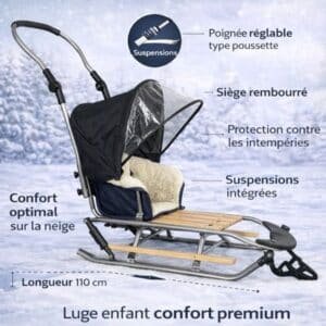 Luge enfant 2-en-1 ultra confort avec poignée réglable type poussette, siège rembourré modulable et suspensions intégrées – dimensions visibles