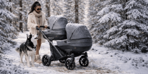Poussette double jumeaux BOOSTER en promenade hivernale, avec deux nacelles, excellente stabilité et maniabilité, fabriquée en Europe.