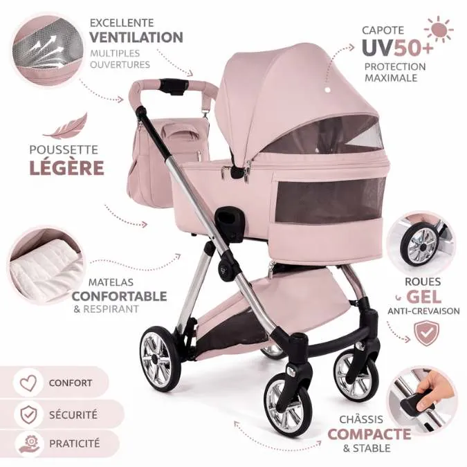 poussette Junama Ellegante rose poudré 3 en 1 avec nacelle – Le Coin de Lara