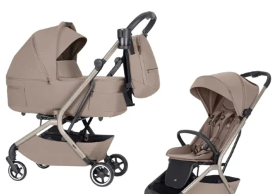 Poussette Carrello Magia 2 en 1 beige sable avec nacelle et siège, modèle ultra compacte format cabine avion avec nacelle pliante