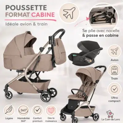Poussette Carrello Magia cabine avion compacte dès la naissance avec nacelle pliable et cosy, idéale voyage avion et train