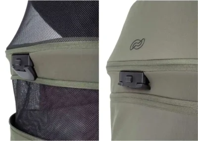 Close-up of an olive-green backpack showing a mesh side pocket and a black latch on the zipped compartment (left panel). Right panel shows a zippered top pocket with a small logo on the fabric.