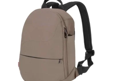 Beige backpack with black padded shoulder straps and a front zip pocket.